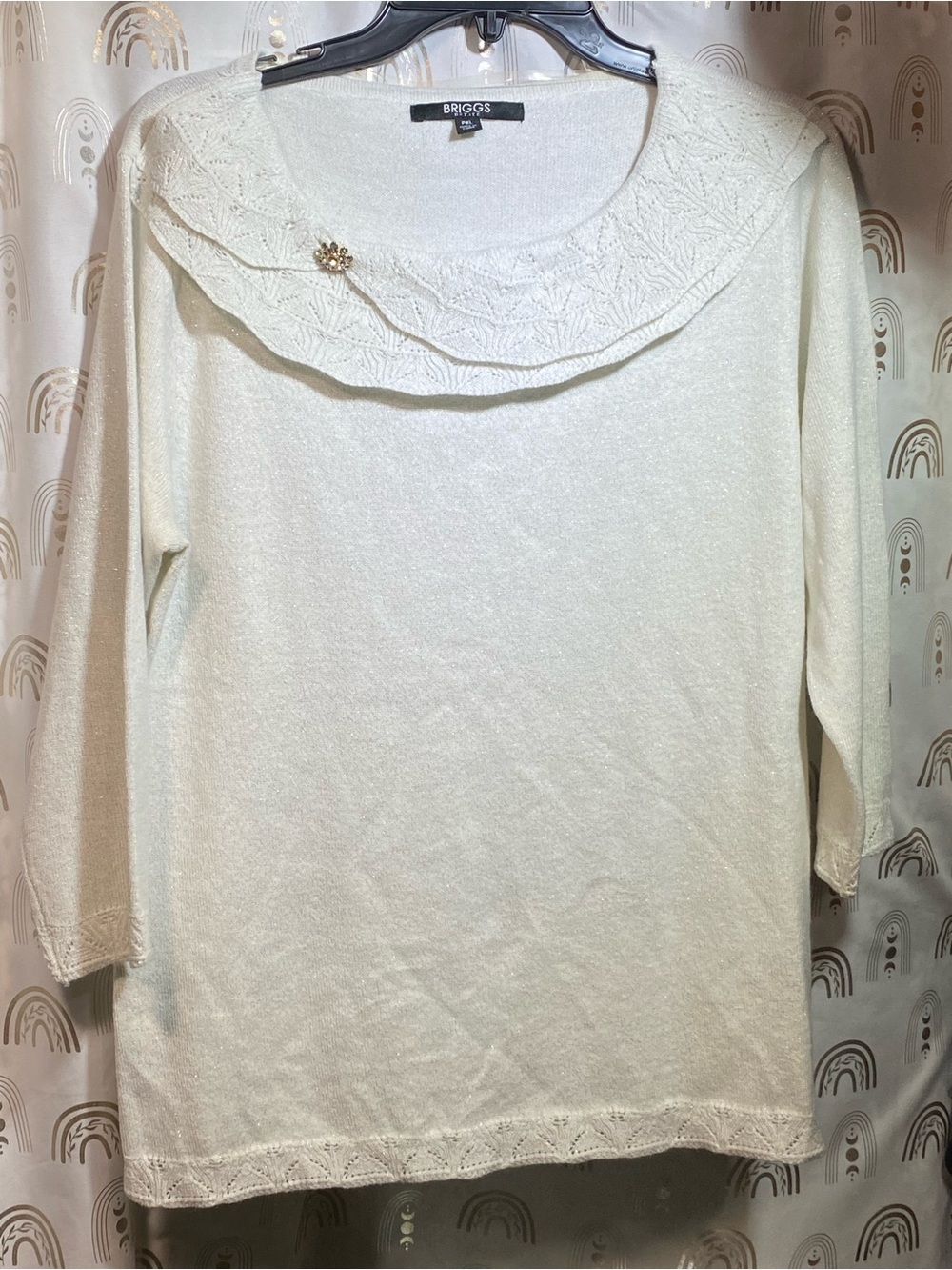 Briggs New York Cream Sparkle Knit Sweater with Decorative Collar Pin